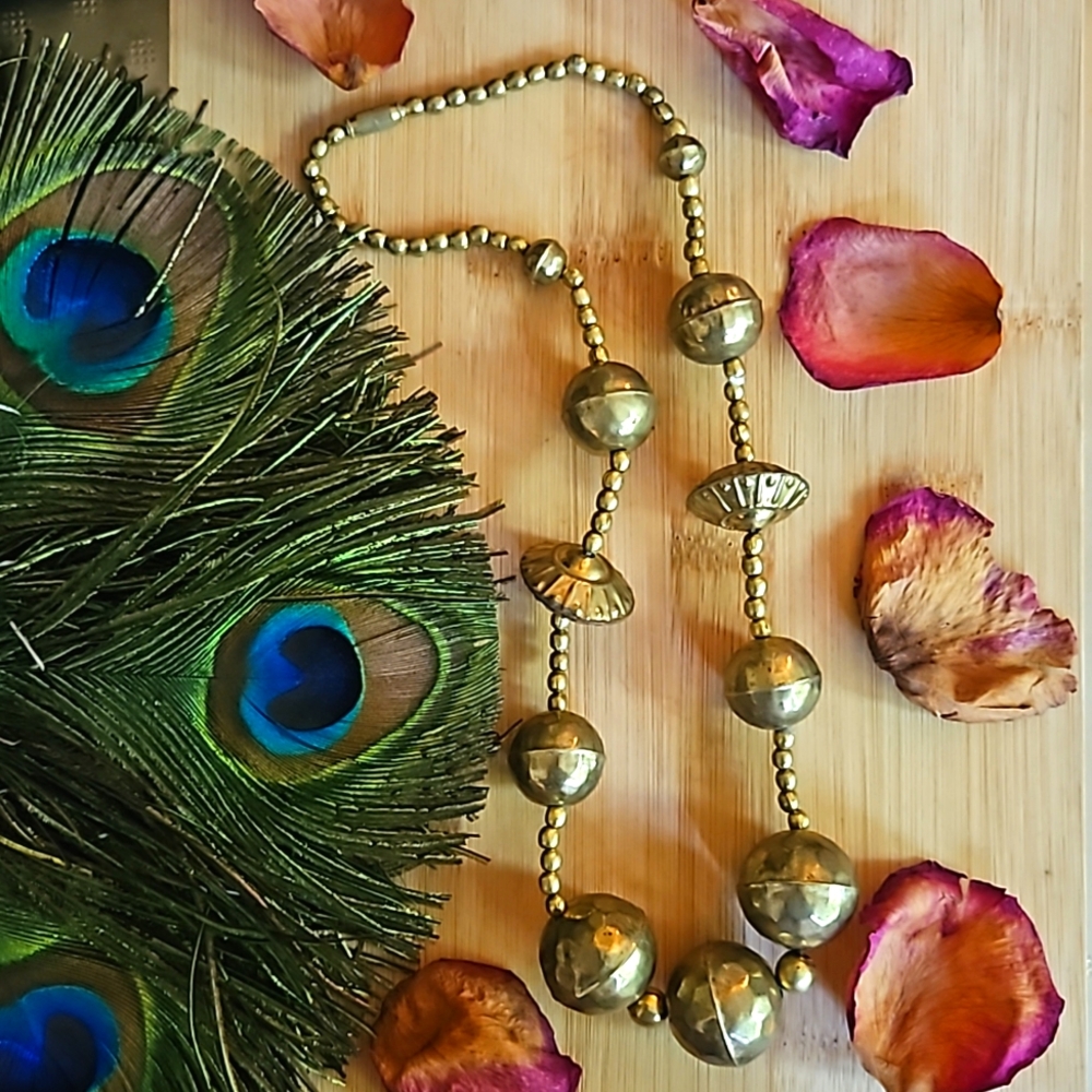 VINTAGE  brass beaded statement bohemian necklace